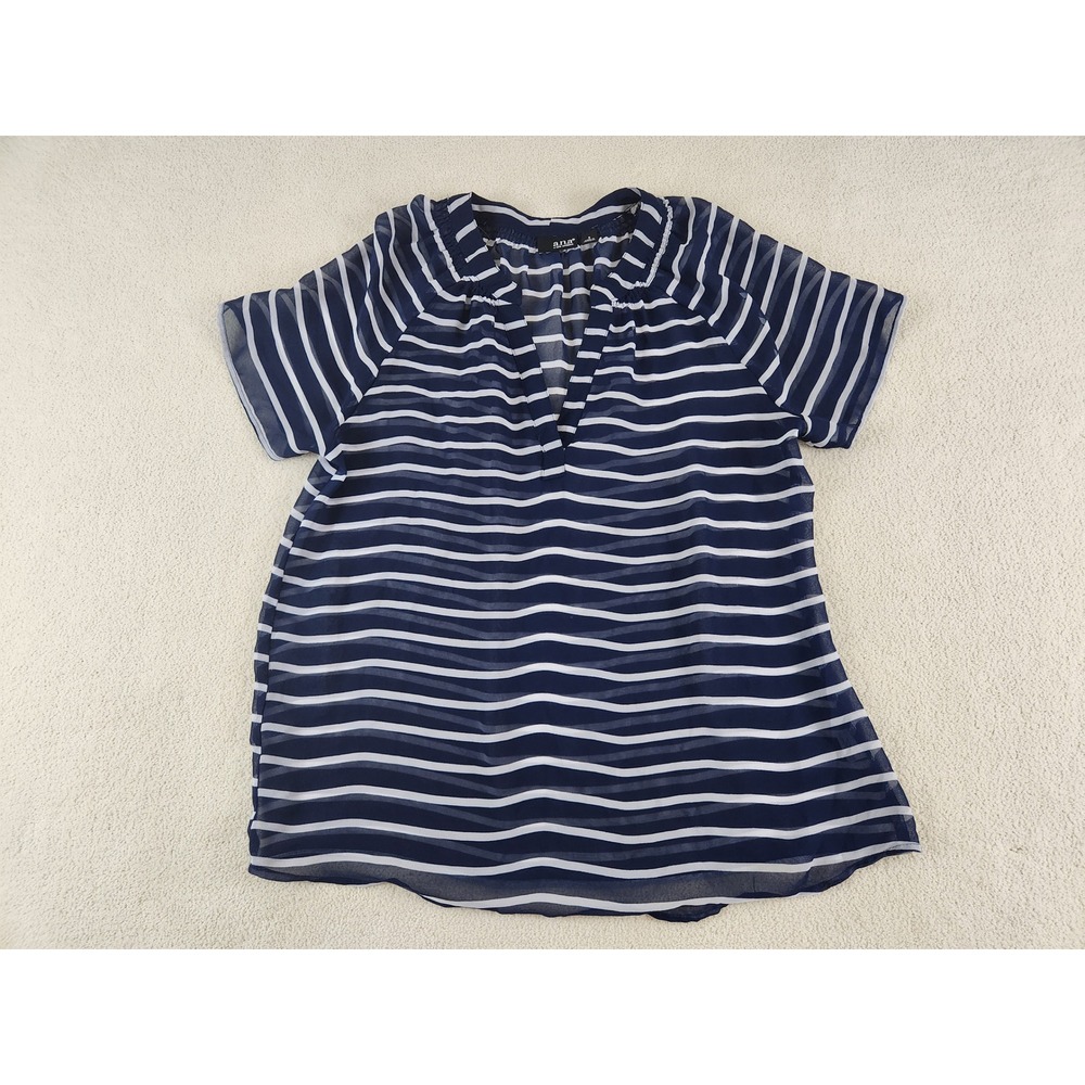 a.n.a Women's V-neck Short Sleeve Sheer Blouse Size Small Navy/White
